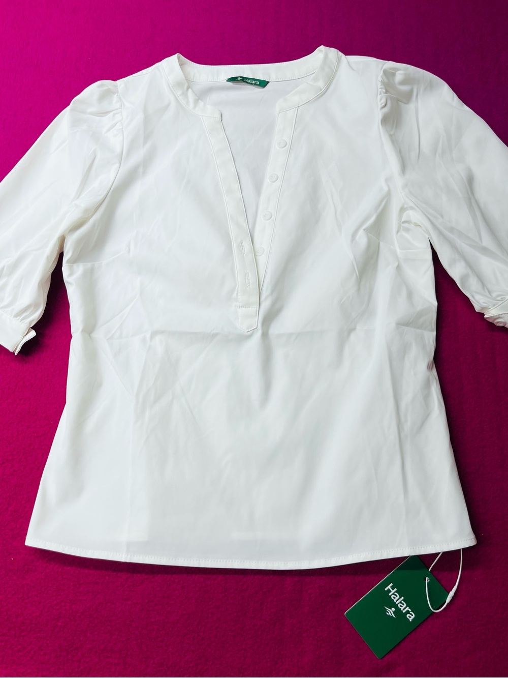 HALARA White Split-Neck Puff Sleeve Blouse